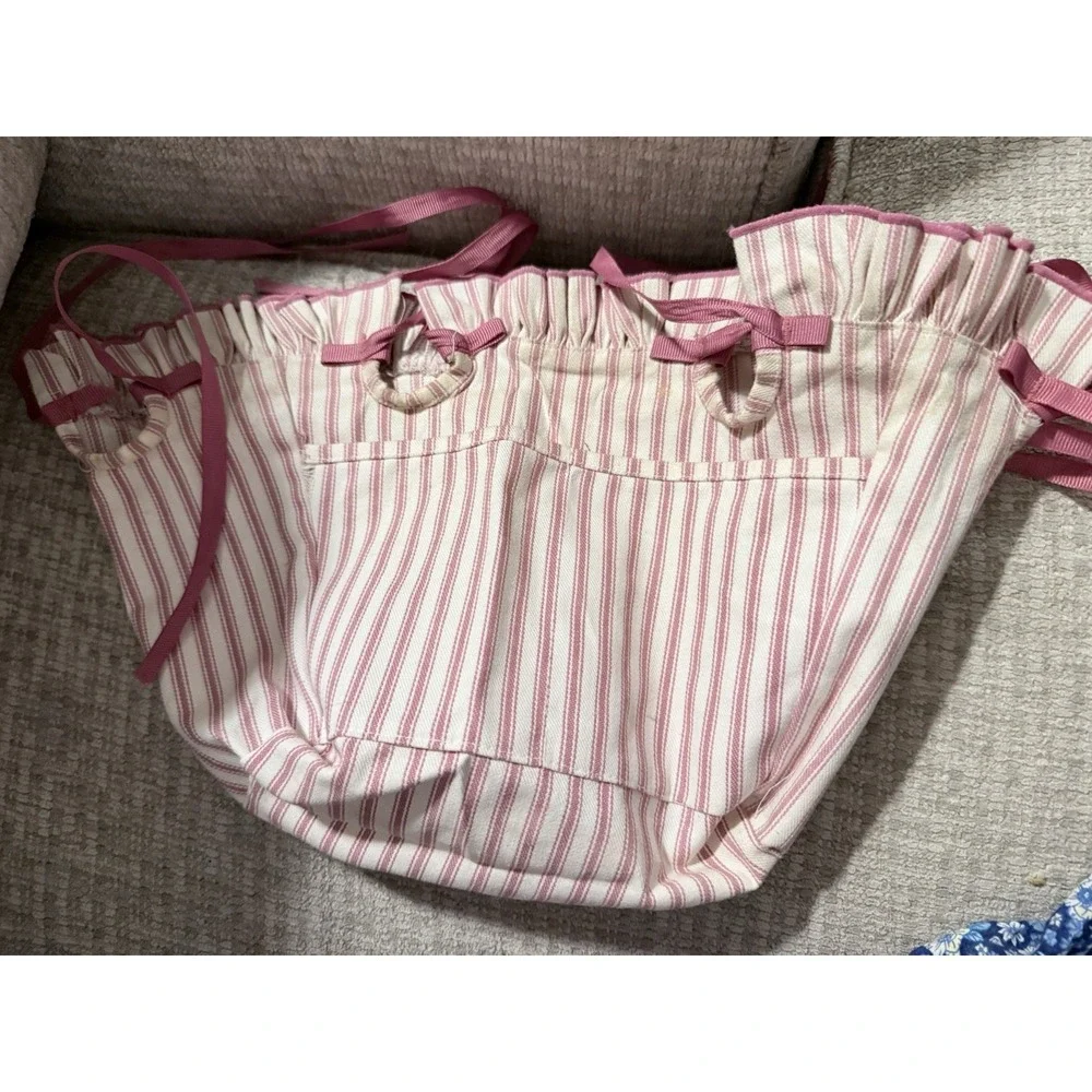 Longaberger Spring Basket Liner Pink Mauve Striped With Ties Ruffles